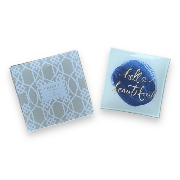 Fringe Studio “Hello Beautiful” Small Glass Trinket Dish Tray Blue & Gold Leaf - Picture 3 of 8